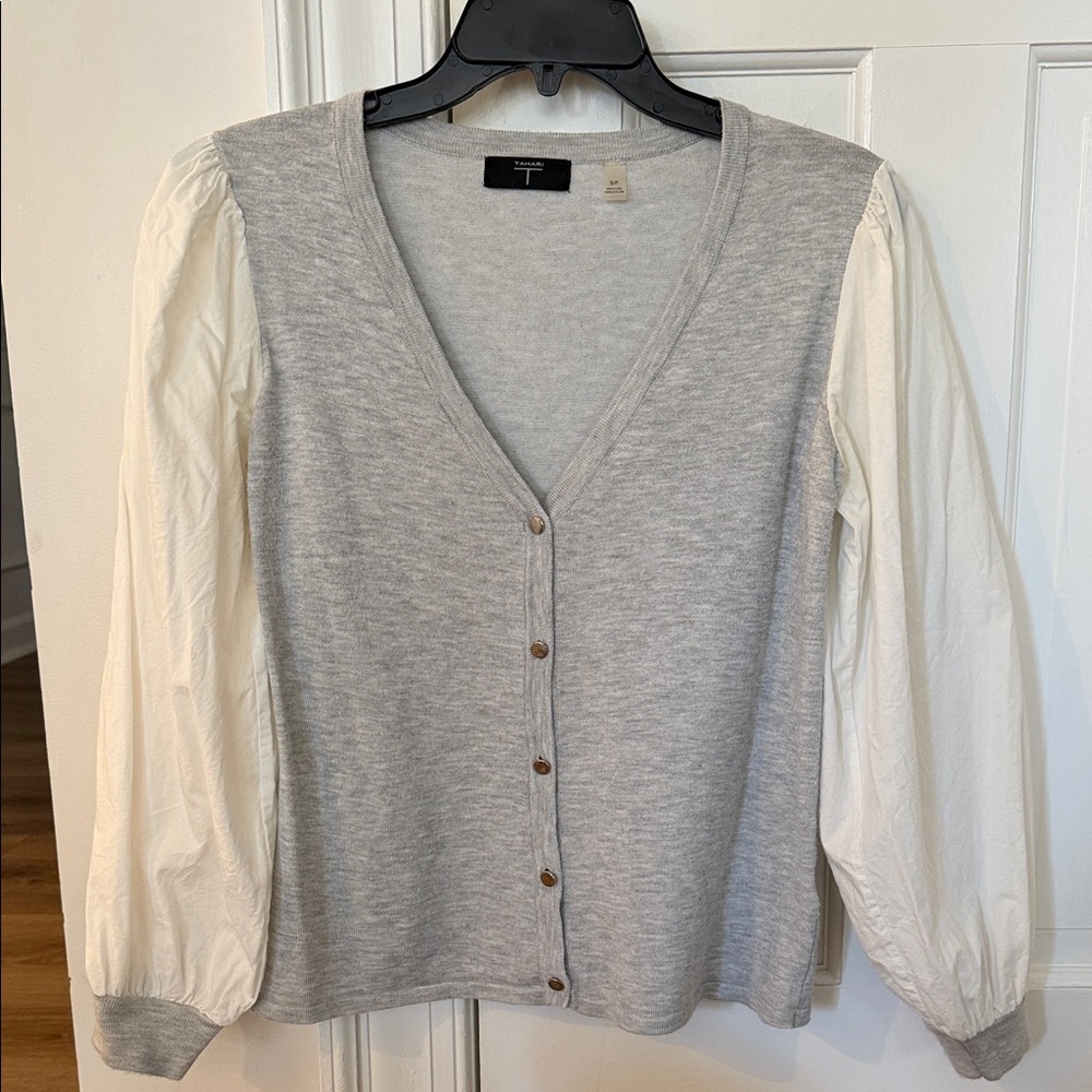 T Tahari Gray and White Button-Up Cardigan
